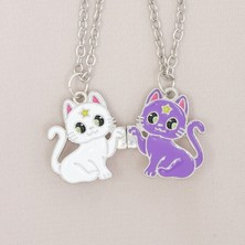 Zuum 2 Li Beyaz , Mor Kedi Detaylı Mıknatıslı Zincir Kolye , Arkadaşlık Kolyesi , Best Friends