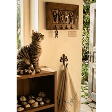 Toprakana Art Rustik Bohem Kedi Temalı Duvar Anahtar Askılığı | El Yapımı Seramik & Ahşap Tasarım 15x22 cm