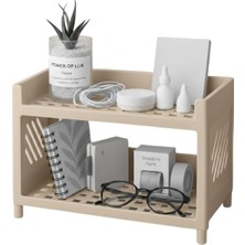 Çok Amaçlı 2 Katlı Organizer Raf – Bej Plastik Düzenleyici Stand – Banyo, Mutfak, Masaüstü ve Ofis Için – 25 x 18 cm