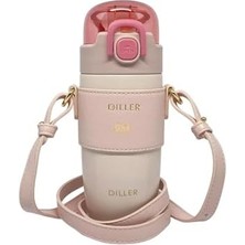 360ML Moda Deri Kılıflı Pipetli Askılı Pastel Renkli Paslanmaz Çelik Termos Matara (Pembe)