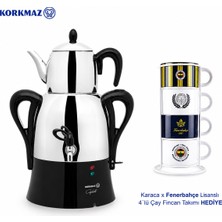 Korkmaz Modern Siyah Semaver Pratik Kullanım Sunan Büyük Kapasiteli Çelik Çay Hazırlama Makinesi + Beşiktaş Fincan Seti
