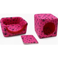 Al-Kar Ticaret Kedi Yatağı ve Kedi Evi, Pati Desenli, Dönüşebilen Kapalı Tasarım, 40 Cm, Sünger Dolgulu (Pembe)