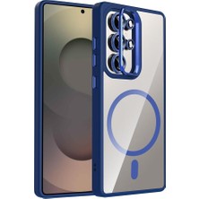 Mabelme Galaxy S22 Ultra ile Uyumlu Kılıf Kamera Lens Hediyeli Standlı M-Safe Şarj Özellikli Etro Kapak Lacivert