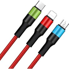 Mabelme 3 In 1 Hızlı Şarj Kablosu, Örgülü 1.2m Kırmızı, Lightning, Type-C, Micro Usb, 3A Güçlü Dayanıklı Kablo, Ios ve Uyumlu