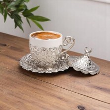Mabelme Hilal Motifli Türk Kahvesi Fincanı ve Tabağı – Gövde, Porselen Iç Kupa – Geleneksel Gelincik Model (Tekli) (Gümüş Rengi)