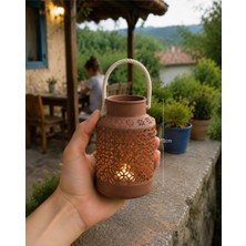 Dekor66 Dekoratif Halat Desenli Saplı Fener Mumluk - 13 cm Bahçe, Balkon ve Teras Için Otantik Süs Obje