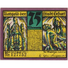 Banknoting Almanya 75 Pfennig 1921 Notgeld-Erfurt Şehri. Çil.