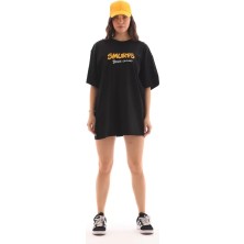 Lune Store Unisex Bisiklet Yaka Baskılı Oversize T-Shirt - Siyah