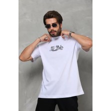 Lune Store Unisex Bisiklet Yaka Baskılı Oversize T-Shirt - Beyaz