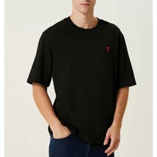 Lune Store Unisex Bisiklet Yaka Baskılı Oversize T-Shirt - Siyah