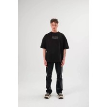 Lune Store Unisex Bisiklet Yaka Baskılı Oversize T-Shirt - Siyah