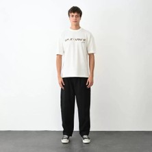 Lune Store Unisex Bisiklet Yaka Baskılı Oversize T-Shirt - Beyaz