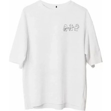 Lune Store Unisex Bisiklet Yaka Baskılı Oversize T-Shirt - Beyaz