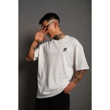 Lune Store Unisex Bisiklet Yaka Baskılı Oversize T-Shirt - Beyaz
