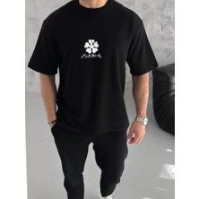 Lune Store Unisex Bisiklet Yaka Baskılı Oversize T-Shirt - Siyah