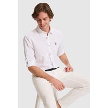 U.S. Polo Assn. Erkek Keten Karışımlı Beyaz Uzun Kollu Basic Gömlek 50320262-VR013