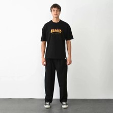 Lune Store Unisex Bisiklet Yaka Baskılı Oversize T-Shirt - Siyah