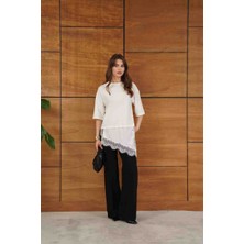 Topshow Dantel ve Saten Detaylı Asimetrik Bluz T-Shirt