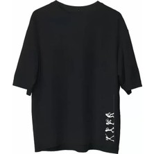 Lune Store Unisex Bisiklet Yaka Baskılı Oversize T-Shirt - Siyah