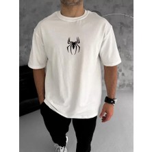 Lune Store Unisex Bisiklet Yaka Baskılı Oversize T-Shirt - Beyaz