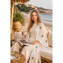 Qymos Prive Ekru Etnik Desenli Uzun Kimono – Keten, Kuşaklı, Yazlık Rahat Şık Yumuşak Dokulu Kimono Kaftan Pareo