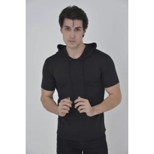 Lune Store Erkek Kapşonlu Slim Fit T-Shirt - Siyah