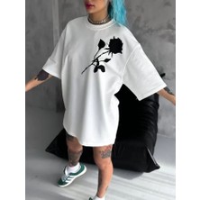 Lune Store Unisex Bisiklet Yaka Baskılı Oversize T-Shirt - Beyaz