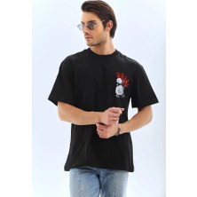 Lune Store Unisex Oversize Baskılı Bisiklet Yaka T-Shirt - Siyah