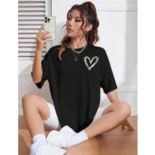 Lune Store Bisiklet Yaka Baskılı Oversize T-Shirt - Siyah
