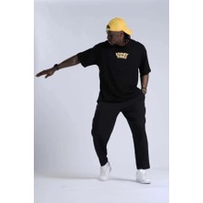 Lune Store Unisex Bisiklet Yaka Baskılı Oversize T-Shirt - Siyah