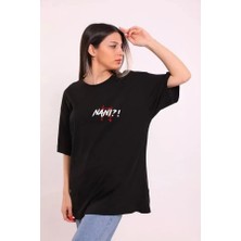 Lune Store Unisex Bisiklet Yaka Baskılı Oversize T-Shirt - Siyah