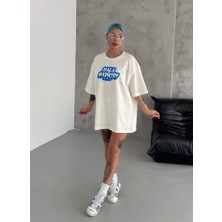 Lune Store Unisex Bisiklet Yaka Baskılı Oversize T-Shirt - Beyaz