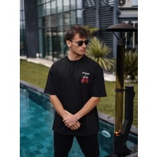 Lune Store Unisex Bisiklet Yaka Baskılı Oversize T-Shirt - Siyah