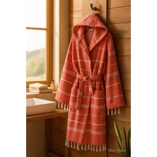 Mira Home Kapşonlu Çizgili Unisex Banyo Plaj Peştemal Bornozu %100 Pamuklu Linetouch Kiremit