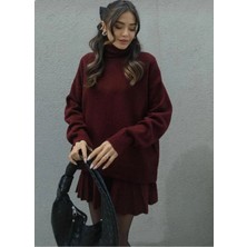 Zf Butik Kadın Triko Etekli Alt Üst Takım Bordo 2 Parça