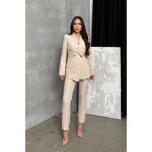Zf Butik Kadın Blazer Ceket Pantolon Takım Bej Pileli Düğme Detaylı Boru Paça