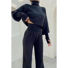 Zf Butik Kadın Triko Crop Pantolon Takım Siyah