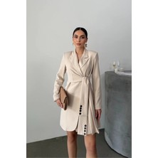 Zf Butik Kadın Elbise Mini Şık Uzun Kollu Kuşaklı Kruvaze Yaka Pileli Ceket Elbise