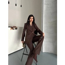 Zf Butik Asimetrik Kesimli Tek Düğmeli Ceket Pantolon Takım Kahverengi