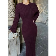 Zf Butik Bisiklet Yaka Saç Örgülü Triko Elbise Bordo Uzun Boy
