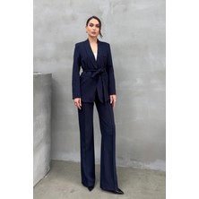 Zf Butik Kadın Ikili Kuşaklı Blazer Ceket Pantolon Takım Koyu Lacivert