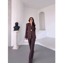 Zf Butik Kadın Blazer Ceket Pantolon Takım Kahverengi Tek Düğmeli