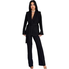 Zf Butik Kadın Takım Elbise Siyah Kemerli Şal Yaka Blazer Ceket Boru Paça Pantolon