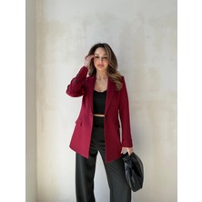 Zf Butik Kadın Bordo Blazer Ceket Double Kumaş Boyfriend Kesim
