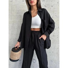 Zf Butik Kadın Keten Gömlek Pantolon Takım Siyah Oversize