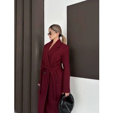 Zf Butik Kadın Kaşe Kaban Bordo Beli Kuşaklı