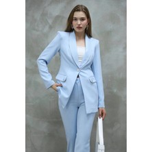 Zf Butik Kadın Gümüş Detay Klasik Ceket Pantolon Takım Bebe Mavi