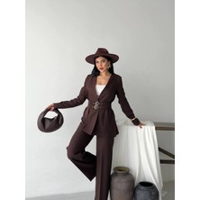 Zf Butik Kadın Blazer Ceket ve Pantolon Ikili Takım Kahverengi