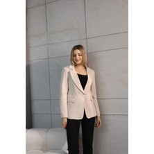 Zf Butik Kadın Bej Kısa Düğmeli Blazer Ceket Polyester