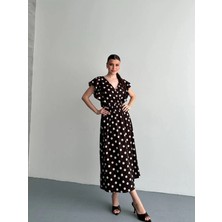 Zf Butik Puantiye Desenli Kruvaze Yaka Midi Elbise Kahverengi